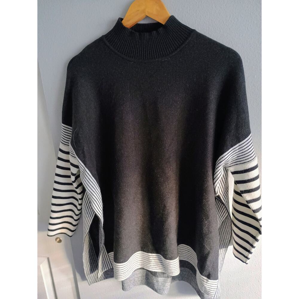 Zenana striped knit poncho drapey mock neck sweater oversized contemporary s